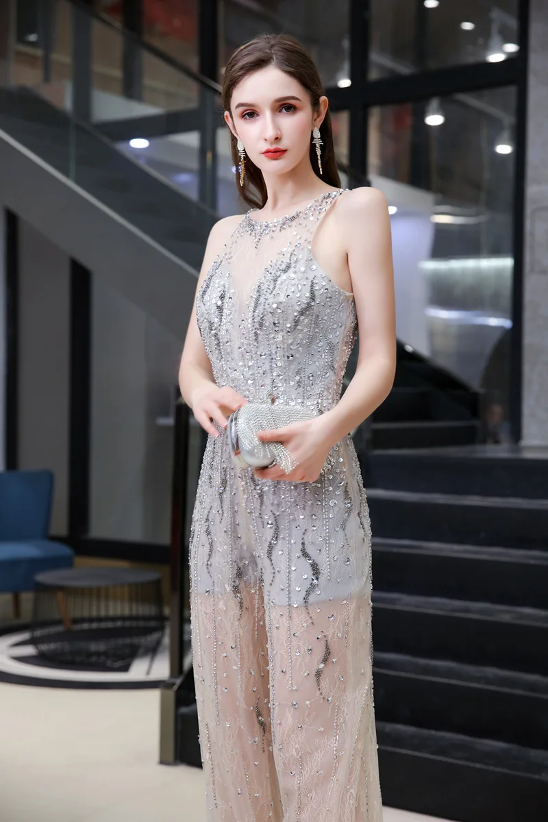 Prom Pants Suits Lace Beading Crystal Champagne- Gray Sleeveless Backless Transparent Graduation Homecoming Evening Party Gowns | Свадьбы и