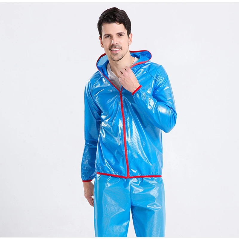 

Men Overall Raincoat New Fashion Travel Rain Cloak Polyester Cloth PVC Glue Waterproof Bicycle Rainwear Hooded Rain Jumpsuit