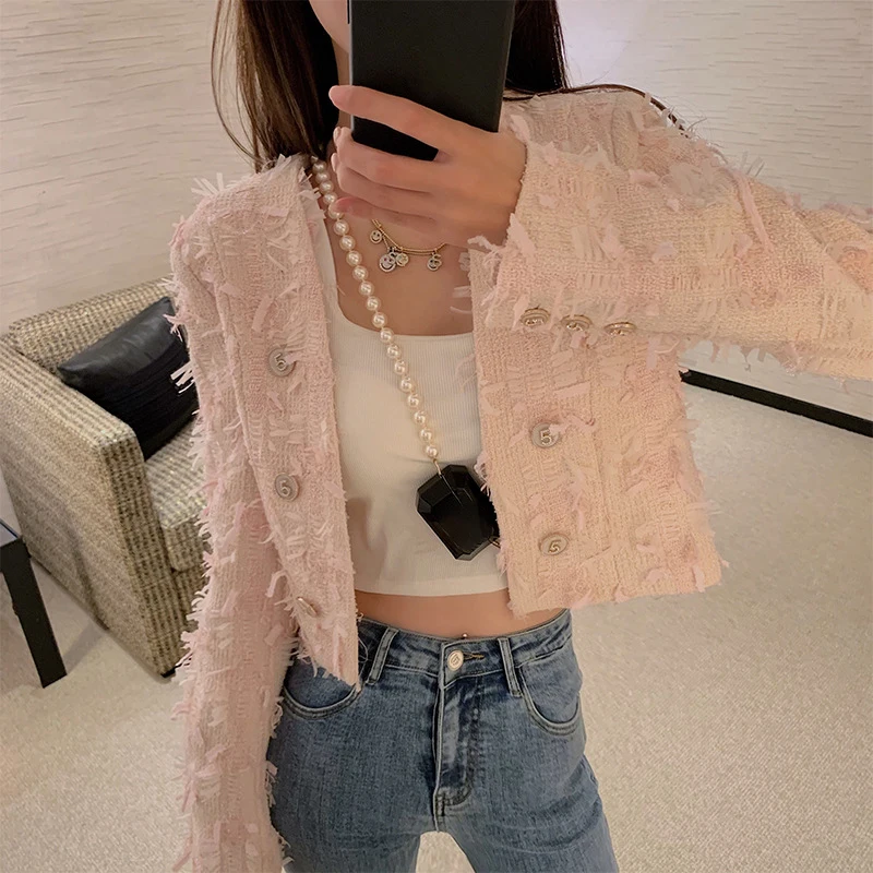 

Runway Pink Sweet Elegant Tweed Woven Short Slim Jacket Fall Winter New Designer Women Luxury Tassel Coat Top Brand Clothing