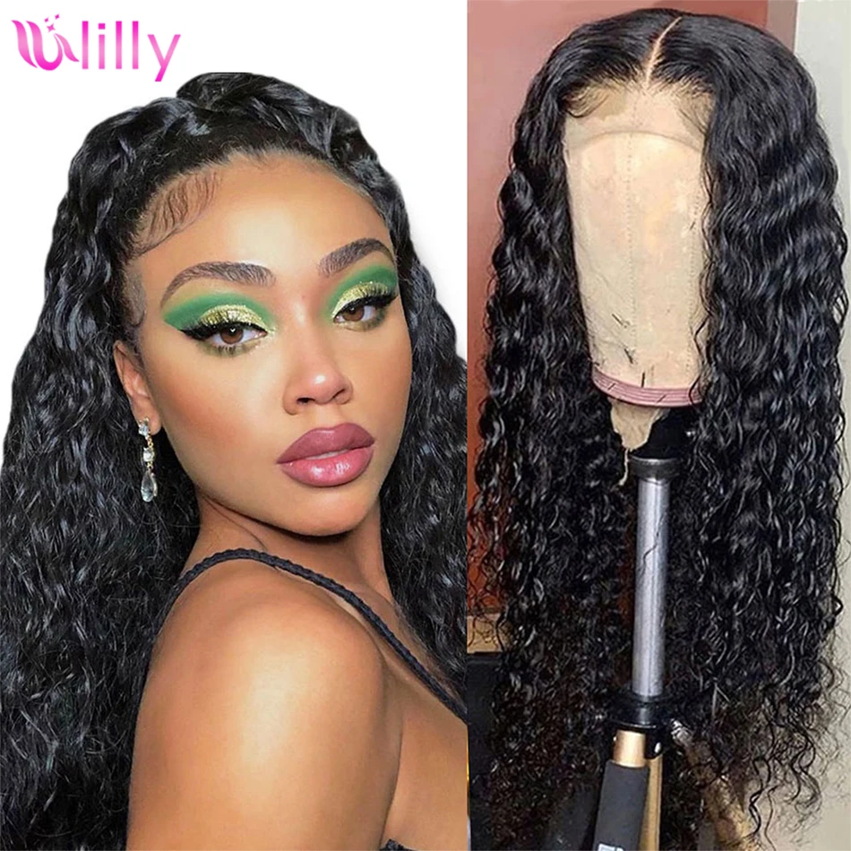 

Ulilly 10-30 Inch Water Wave 4x4 Lace Closure Wigs Swiss Lace 150% Density Pre Plucked With Baby Hair Remy Human Hair Wigs