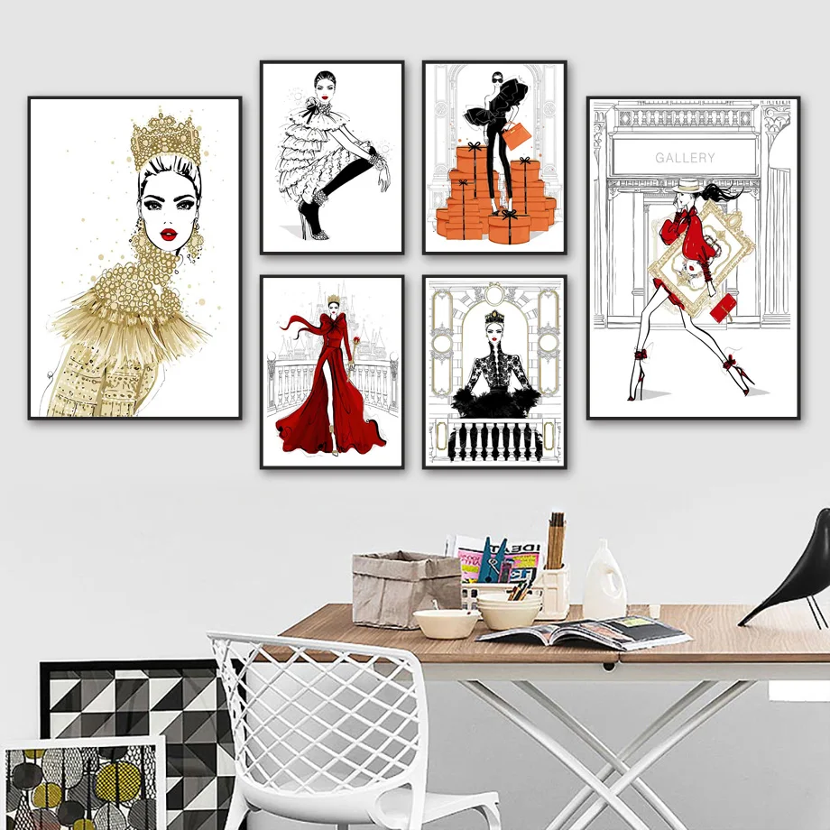 

Vogue High Heel Girl Crown Castle Fashion Wall Art Canvas Painting Nordic Posters And Prints Wall Pictures For Living Room Decor