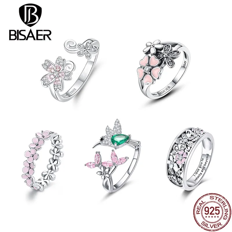 

BISAER Rings 925 Sterling Silver Flower Zircon Adjustable Ring Female Finger Rings for Women Fine Silver Jewelry Gift HSR681