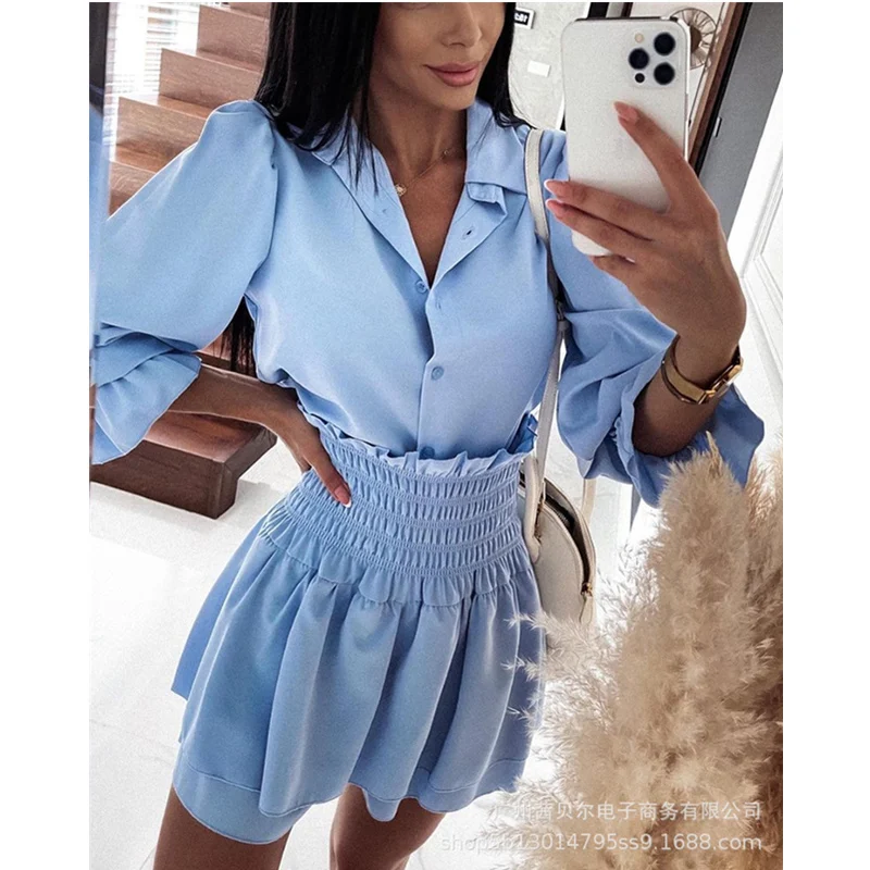 

Комплект женской элегантной юбки Mandylandy, наряды, женская сексуальная однобортная рубашка, топ + эластичная плиссированная юбка с высокой тал...