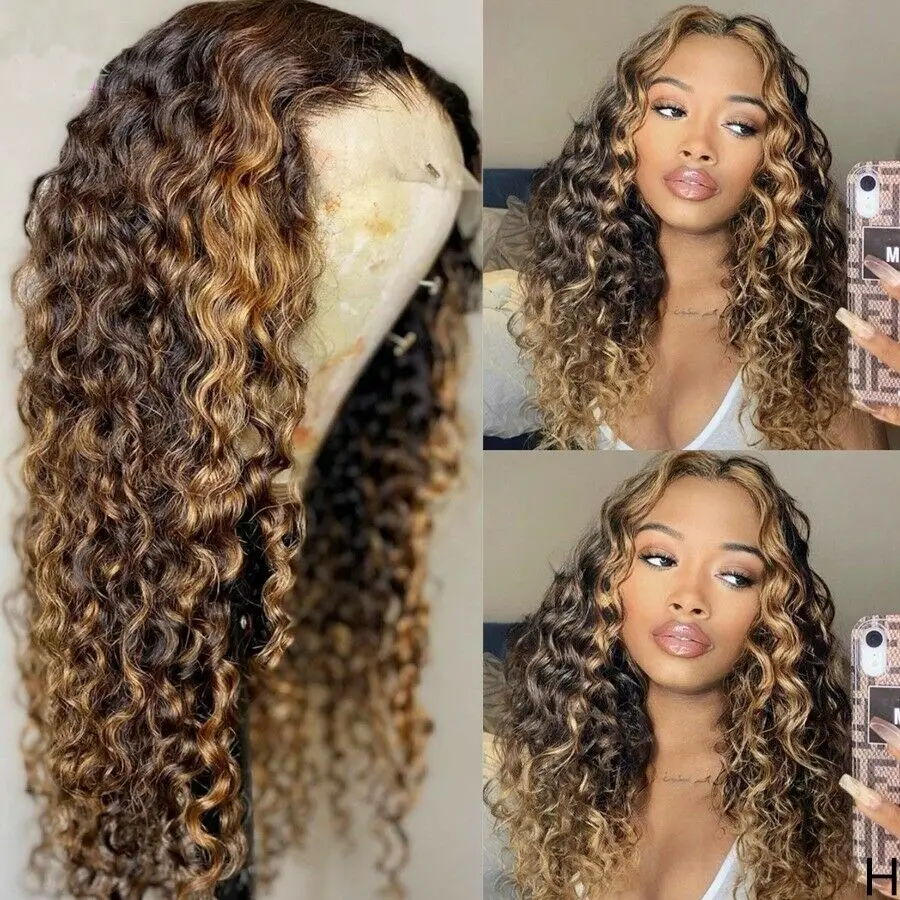 HD Transparent 13x6 X1 Highlight Ombre T4/27 Color Curly Lace Front Wig Pre Plucked Bleached Knots Human Hair Wigs for Women Bra