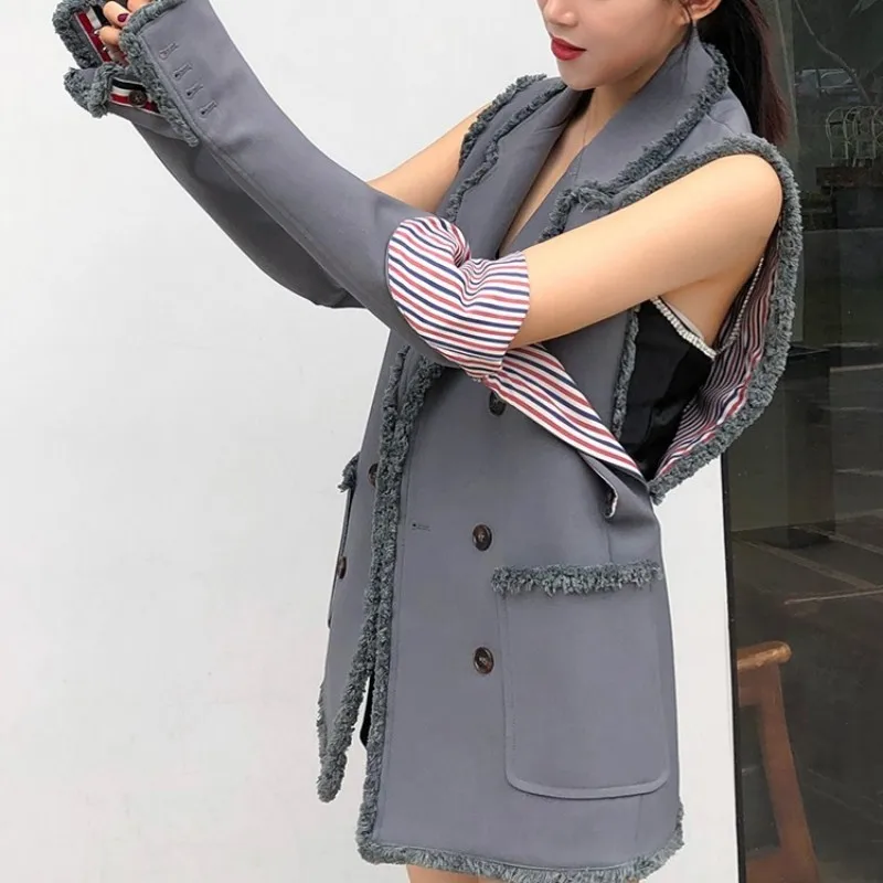 

New Designer Women Sleeve Separated Waistcoat Sexy Blazer Vest Tassel Double Breasted Chalecos Para Mujer Long Gothic Gilet Coat