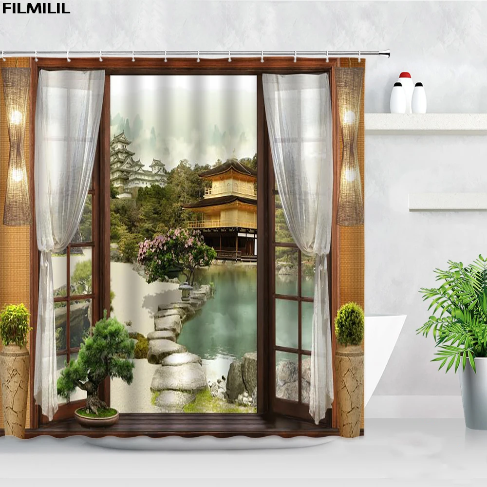 red flowers blue greek door with a sea view on island shower curtains waterproof fabric bathroom curtain set home bathtub decor free global shipping