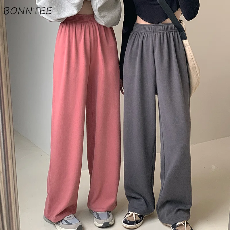 

Casual Pants Women Solid Elastic High Waist Simple Loose Wide-leg All-match Students Korean Style Daily Female Trousers Fashion