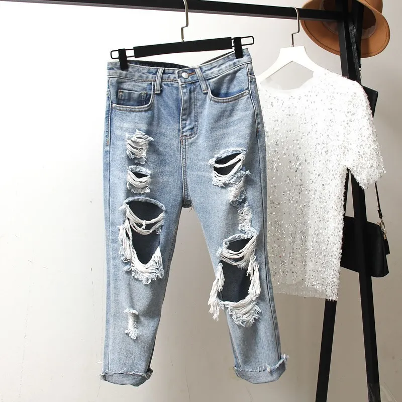 Женские джинсы оверсайз свободные облегающие винтажные шаровары с дырками