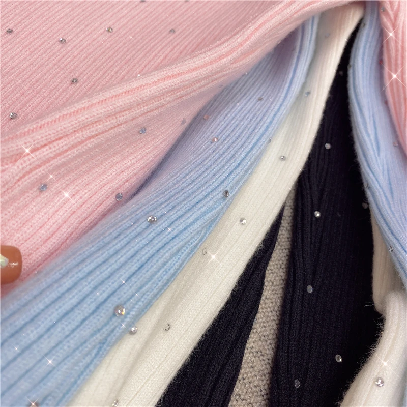 

2021 Winter New Korean Style Sexy Push-up Scheming Low Round Neck Rhinestone Bottoming Sweater for Women