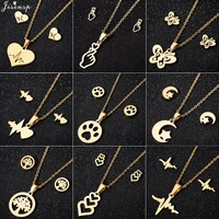 jisensp fashion butterfly jewelry necklace earrings for women girl stainless steel cute heartbeat necklaces pendants accessories