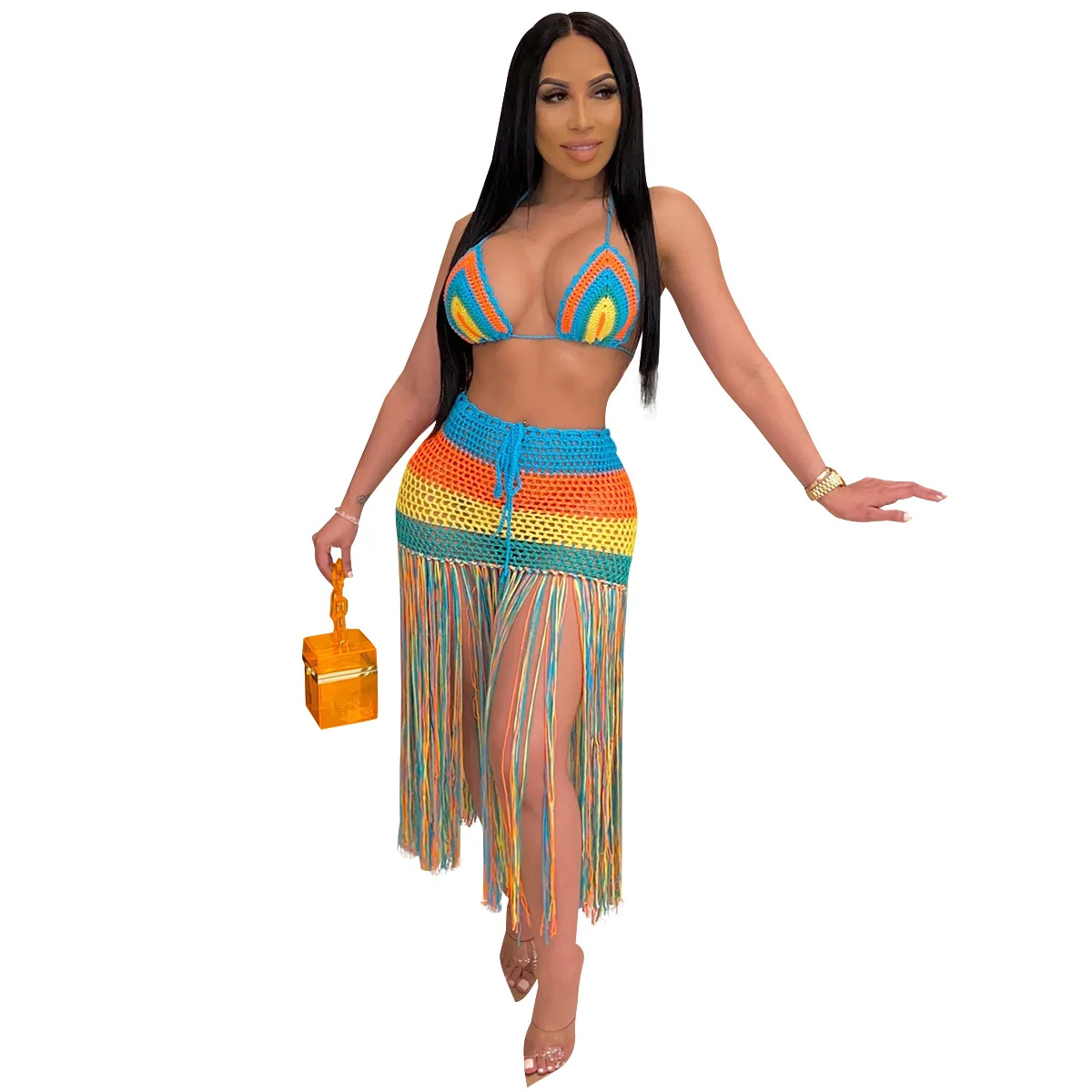 

Sexy Women Bikini Cover Ups Casual Set Striped Crochet Deep V-neck Lace-up Bikini Hollow Out Skirt with Long Tassels