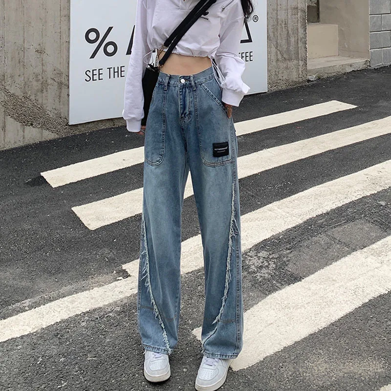 

Korean Vintage Loose Distressed Burrs Design High Waist Pocket Cowboy Trousers Autumn New Casual Straight Wide Leg Pants Women