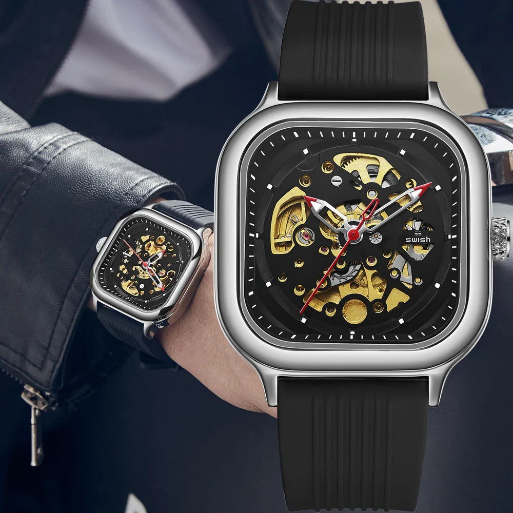 

Automatic Luxury Men Watches Waterproof Black Silicone Strap Sport Mechanical Wristwatch Mens Military Skeleton Clock 2021 New