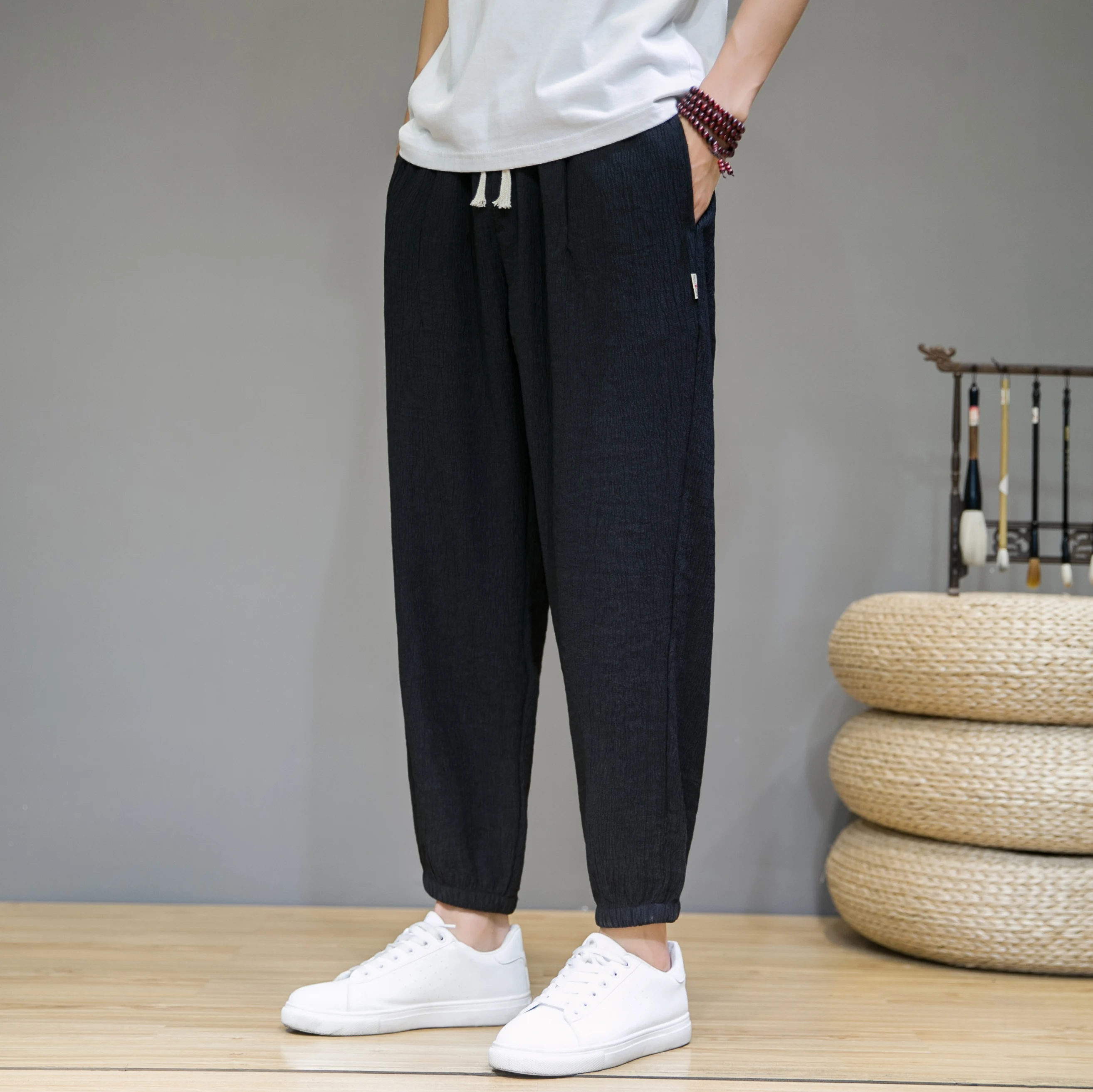 

Men's Harem Pants 2021 Summer New Fashion Simple and Versatile Ice Silk Thin Cotton and Linen Loose Casual Close-up Trousers