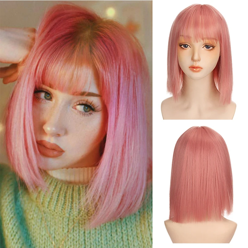 XUANGUANG Women's Short wig Synthetic Short Straight BOb Wigs With Air Bangs Daily Wear Heat-Resistant Wig Cosplay Short Bob Wig