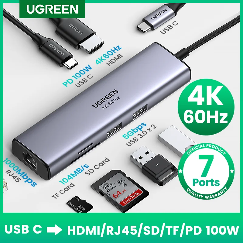 

USB-концентратор UGREEN 4K 60 Гц Тип C к HDMI 2,0 RJ45 USB 3,0 PD 100 вт адаптер для Macbook Air Pro iPad Pro M1 аксессуары для ПК USB-концентратор