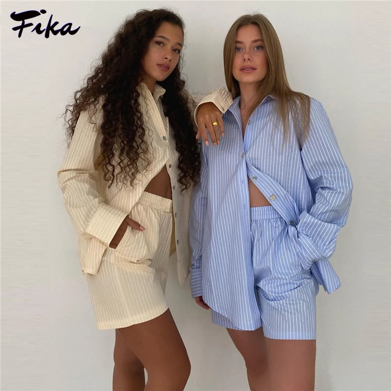 

High Waist Mini Shorts Two Piece Set 2021 Women Lounge Tracksuit Sets Summer Long Sleeve Stripe Shirts Tops and Shorts Suit