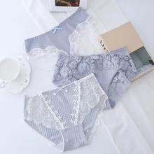 Ropa interior Sexy de algodón para mujer, bragas de cintura baja con encaje calado, cómodas y transpirables, a la moda (4)