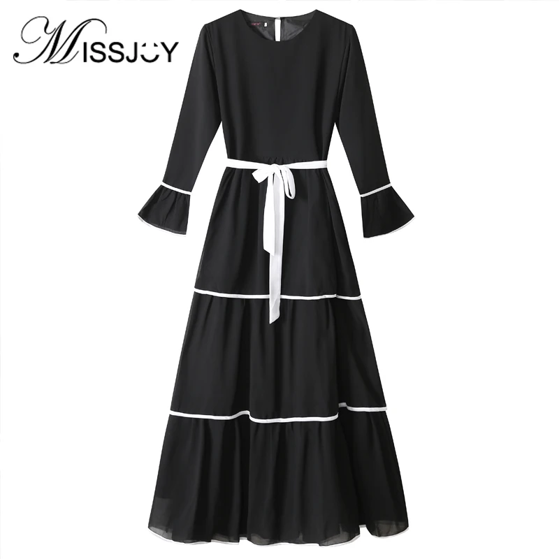 Женское свободное платье Кафтан MISSJOY черно белое вечернее с оборками и круглым