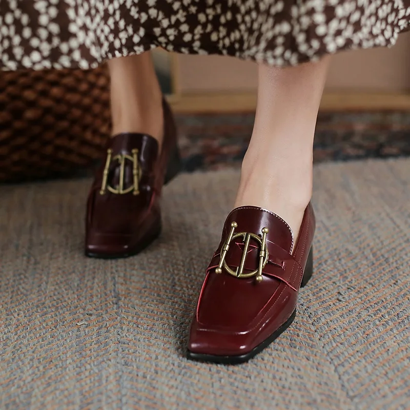 

new genuine leather women's shoes retro slip-on spring/autumn shallow fashion pumps square toe high heel party dress shoes woman