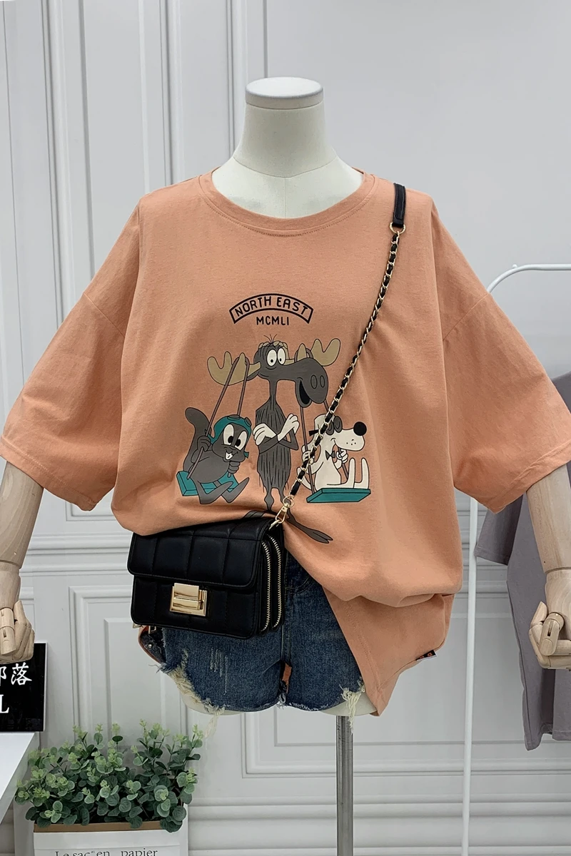 

Cartoon Short Sleeve T-shirt Women Plus Size Loose Mid-Length Comfortable Soft Summer 2021 Women Fashion Clothing Tops Harajuku