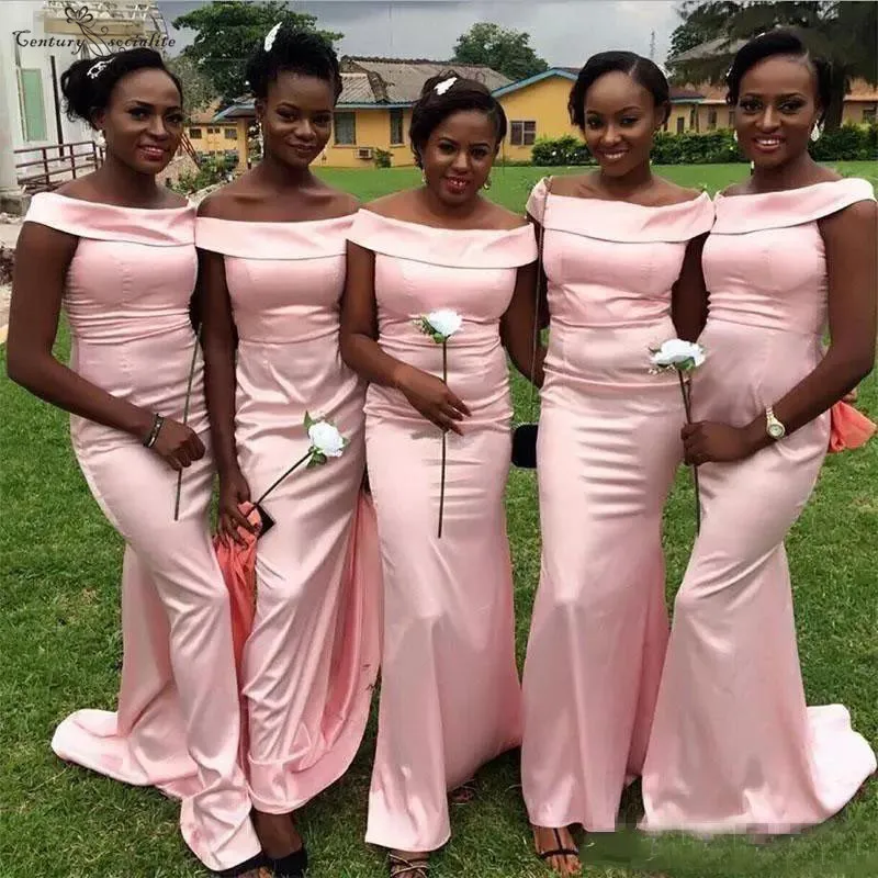

Africa Pink Bridesmaid Dresses Mermaid Off the Shoulder Zipper Satin Long Maid of Honor Dress Wedding Guest Party Gowns 2020