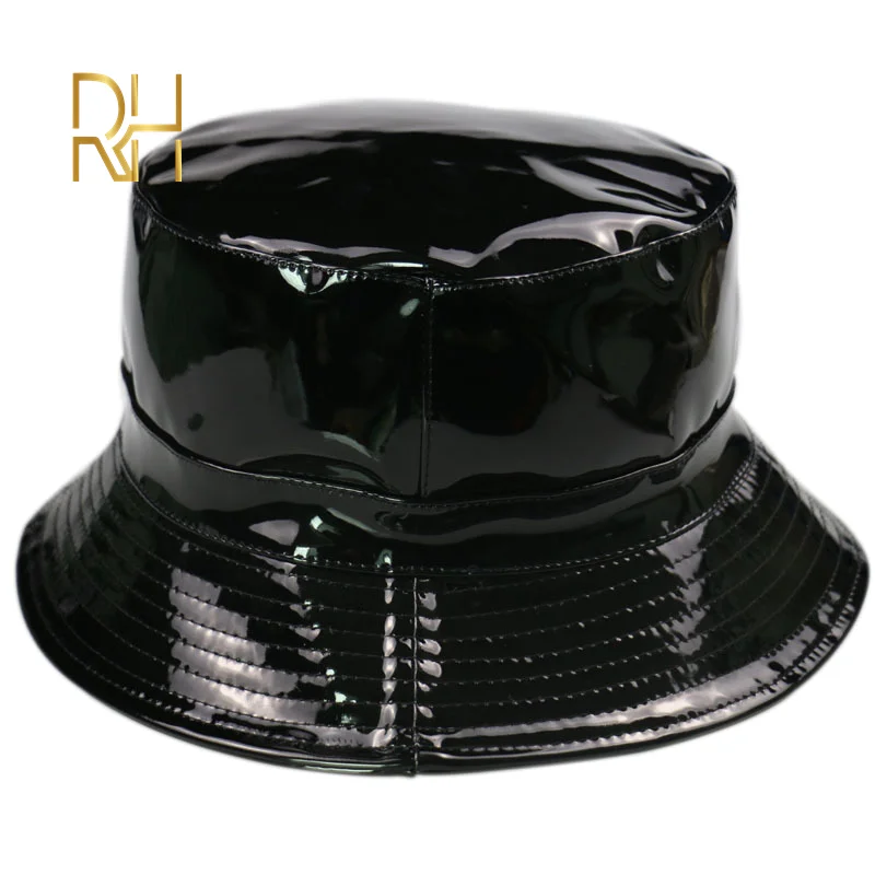 Черная блестящая кожаная однотонная Панама рыбацкая шляпа ручной работы