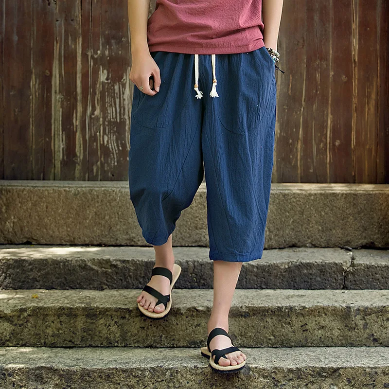 Летние Пляжные штаны мужские шорты в китайском стиле свободные льняные