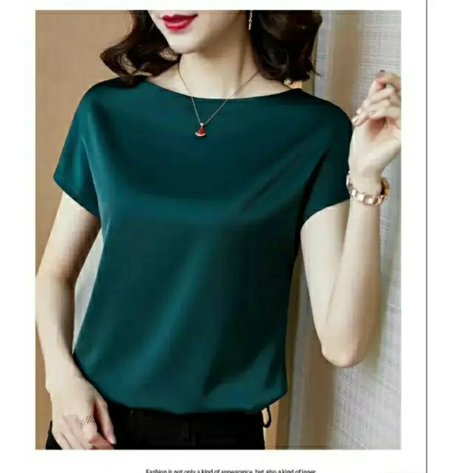 

2021 Fashion Female Loose Blouses Shirt Women Summer Casual Short Sleeve O-neck Tops Basic Solid Satin Plus Size Blouse L298