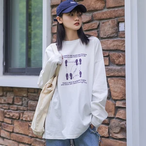 Turtleneck Round Neck Printed Cotton T-shirt Womens Long-sleeved Autumn 2021 New Loose Mid-length Top