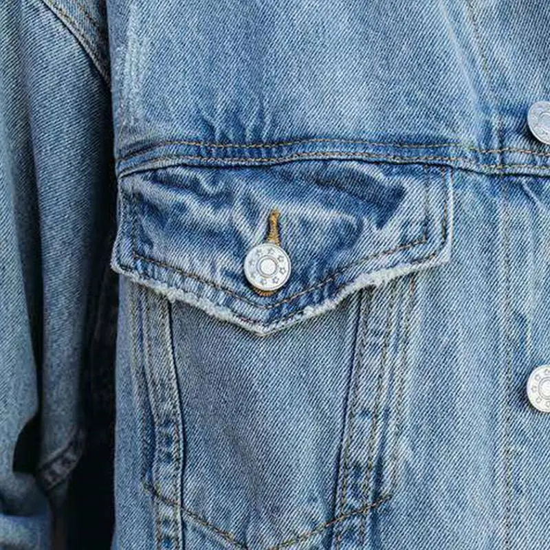 

Women Solid Blue Long Sleeves Denim Jacket Lady Pocket Fringes Short Casual Loose Denim Jackets Autumn FashionTurn Down Collar