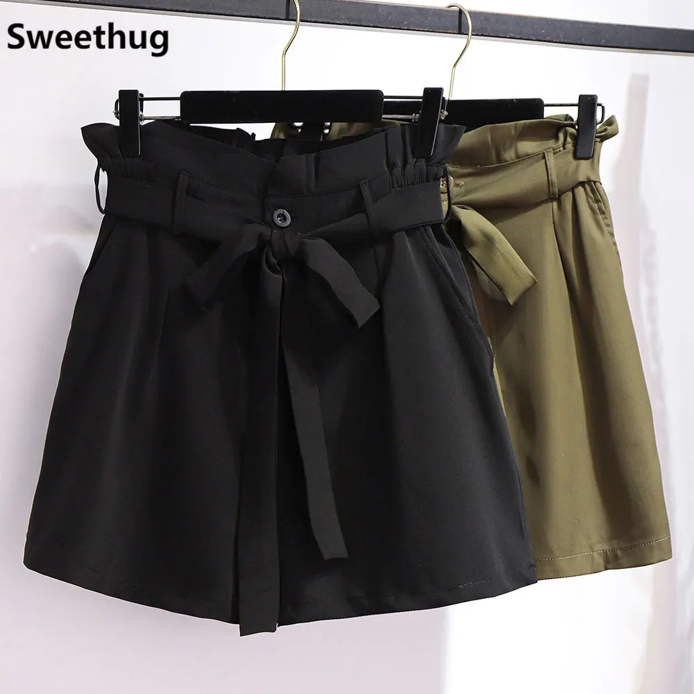 

Waist 144cm 2021 summer plus size shorts for women large loose casual wide leg pocket shorts belt black army green 4XL 5XL 6XL