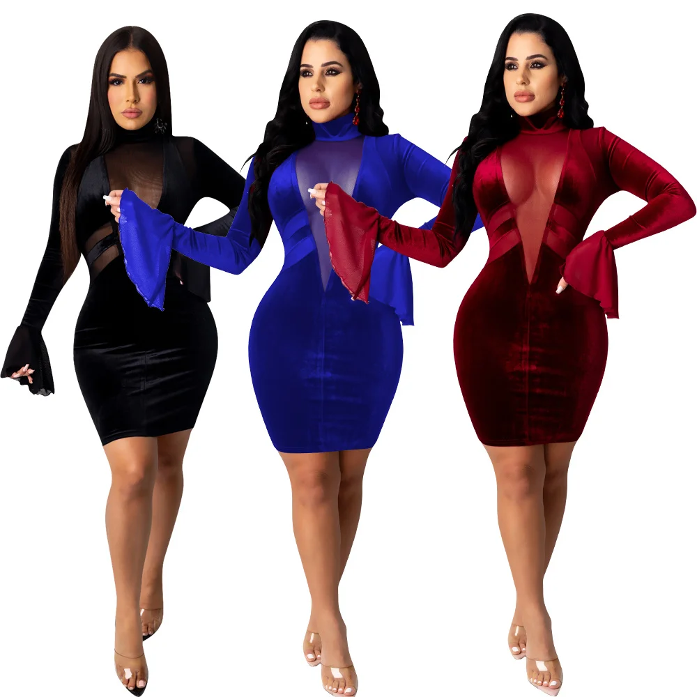 

Young Girls Hot Fashion Sexy Mesh Stitching Velvet High Collar Horn Long Sleeves Ladies Temperament Nightclub Skirt Dress P8560