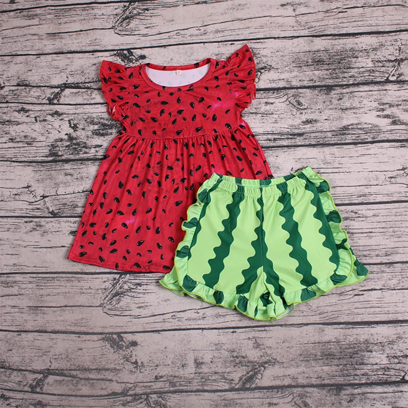 

Watermelon pattern flutter sleeve top shorts outfit boutique baby girl clothes little girl toddler summer outfit kid clothes