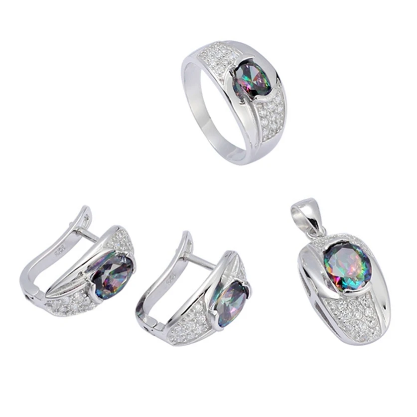 

Eulonvan Charm 925 sterling silver women Engagement Wedding jewelry sets (ring/earring/pendant) Rainbow Cubic Zirconia S-3719set