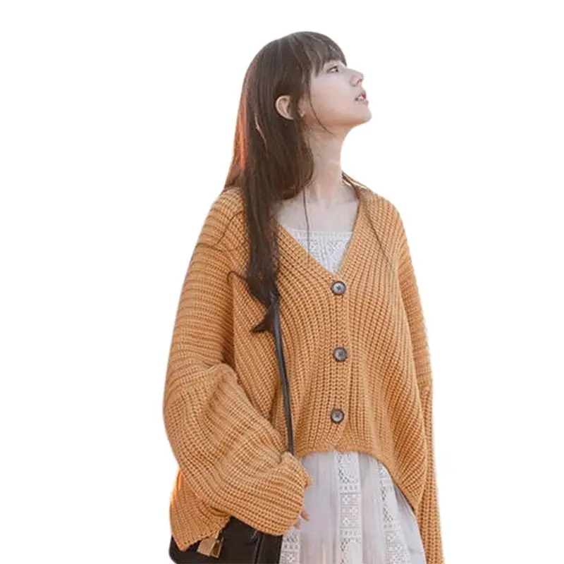 Women Casual Solid Color Sweater Korean Style Cardigan Vintage V Neck Bat Sleeve Button Loose Warm Knitwear |