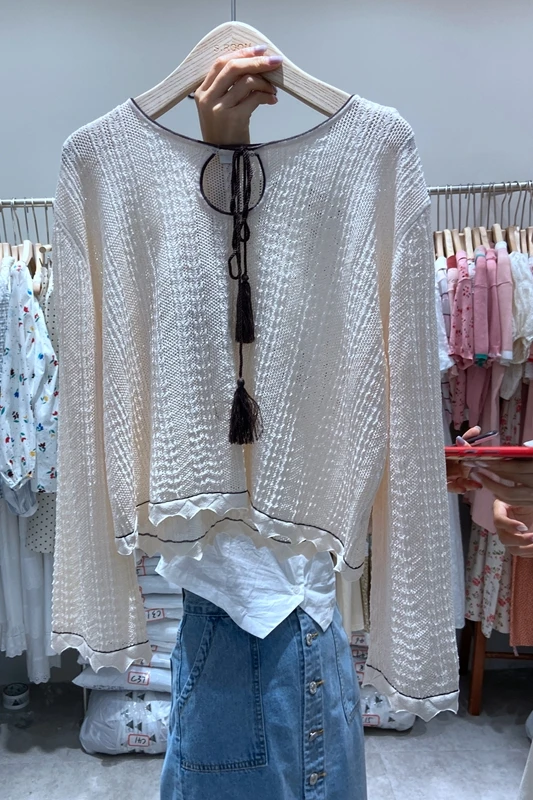 

Lace Hollow Round Neck Lace Up Sweater Women's Thin Summer White Blouse Sun Protection Top Female Long Sleeve Loose Shirt
