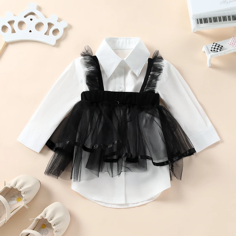 

Girls Casual Two-piece Clothes Set White Long Sleeve Button-down Collared Shirt and Black Yarn Princess Dress Outfits