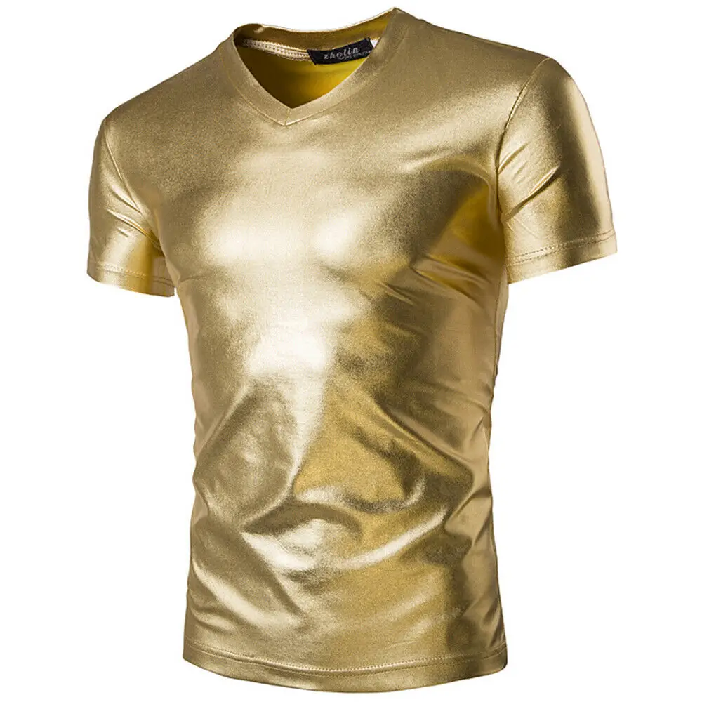Футболка мужская блестящая кожаная топ для танцев рубашка с коротким рукавом
