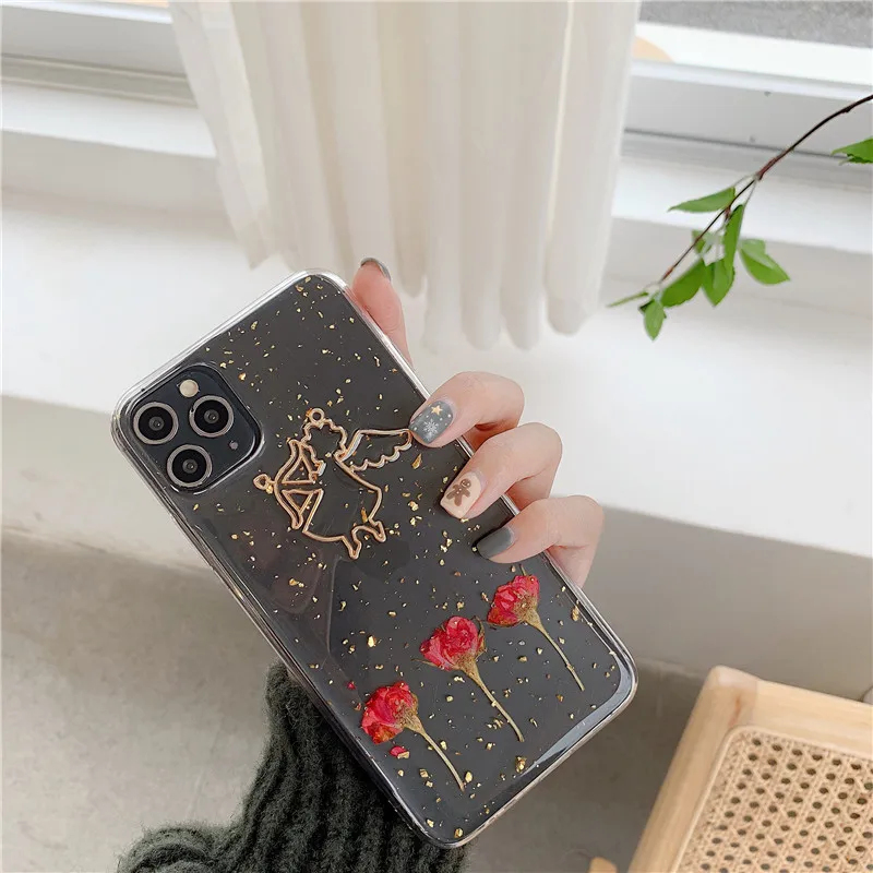 Luxury Glitter Gold Foil Angel Phone Case For iphone 11 Pro Max X XS XR 7 8 Plus Back Cover Fashion Dried Rose Cases Capa |