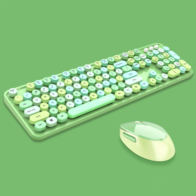 

Green Pink 2 in 1 Combos 2.4GHz Wireless Keyboard and Mouse Combo Retro Punk Keycaps Full-Sized Keyboard 1600DPI Optical Mouse