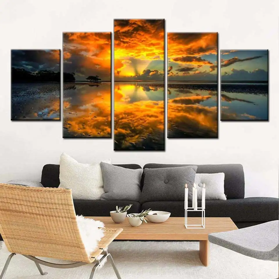 Современная Скандинавская настенная Картина на холсте 5 панелей рассвет
