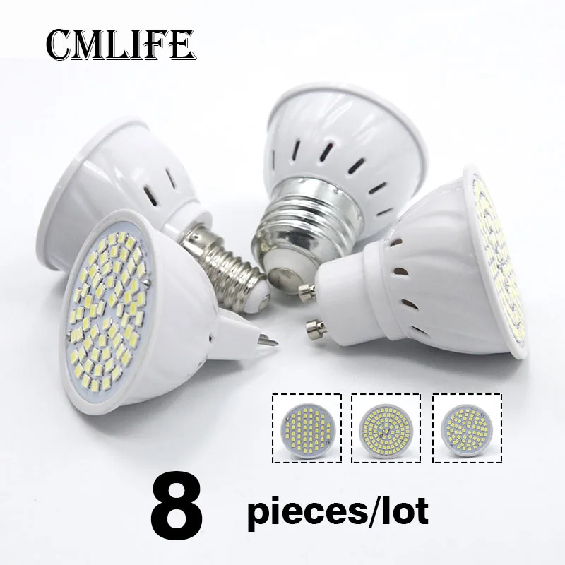 8 шт. светодиодные лампочки E27 E14 Светодиодные прожекторы GU10 Bombillas MR16 Lampada 48 60 80LED s