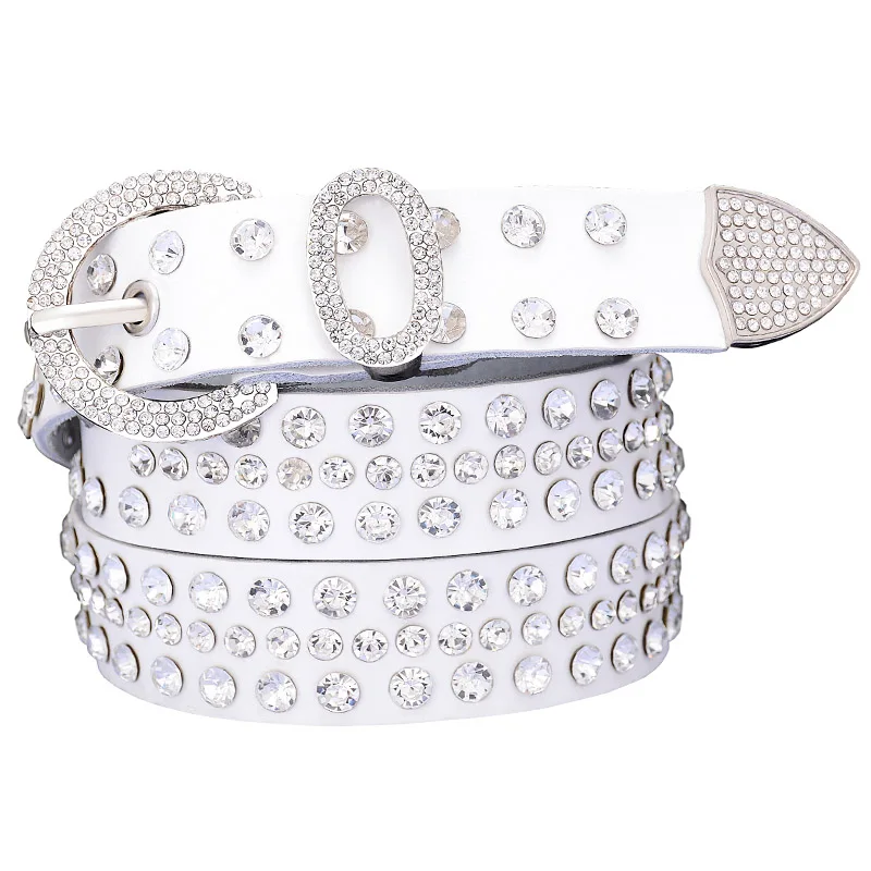 White Fashion genuine leather rhinestone belts for women Luxury shining silver ring Pin Buckle belt female jeans strap width 2.8 cm - Цвет: White