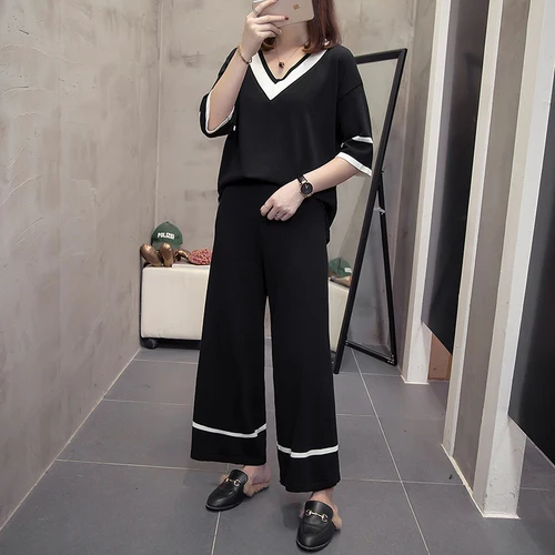 

Black Women Plus Size Suits And Sets Casual Korean Tracksuit Women 2 Piece Set Top And Pants Knitted Tracksuits Top&pants Set