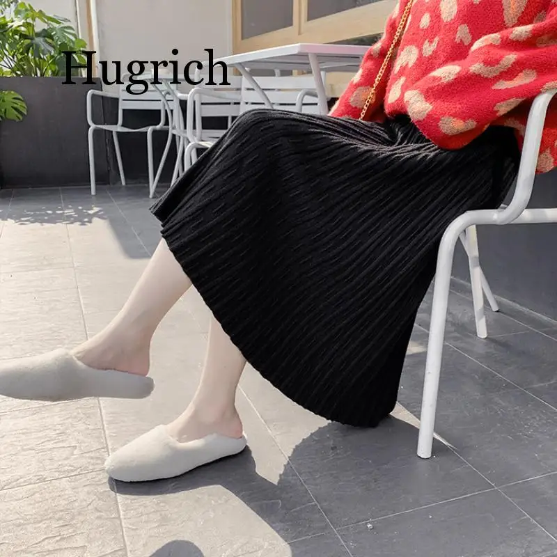 

Women Long Skirt A-line 5 Color Korean Style Winter Autumn Knit Solid High Waist Elastic Girl's Pleated Skirt Casual Bottoms