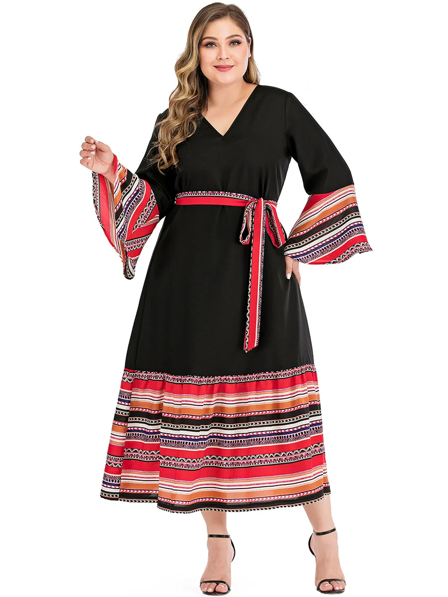 Vintage Dress Contrasting Plus Size Stitching V Neck Long Sleeve Calf Length Oversize Black Tie Casual Dress For Elegant Party