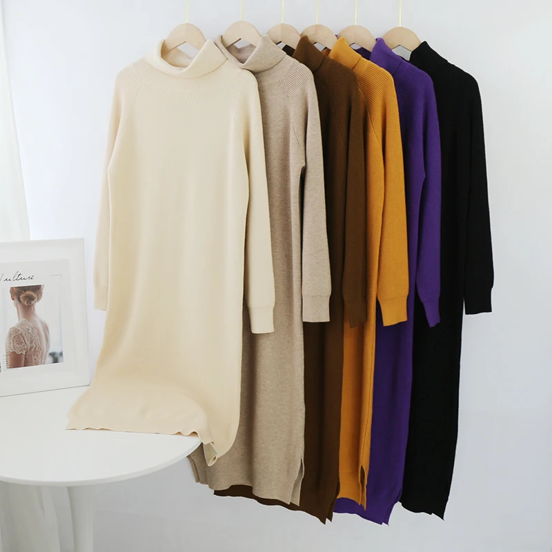 

Women Turtleneck Knitted Dress Batwing Long Sleeve Casual Long Dress Side Split Solid Loose Sweater Dresses women dresses