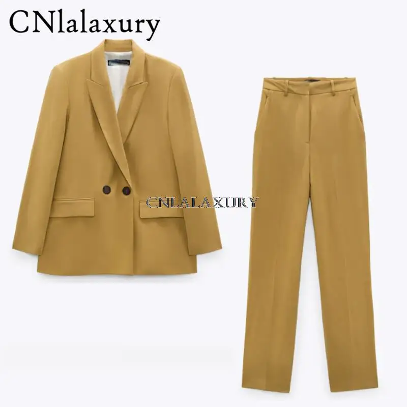 

CNlalaxury 2021New Autumn Winter Women Pant Suit Double Breasted Notched Blazer Jacket & Pant Office Wear Women Suit Female Sets
