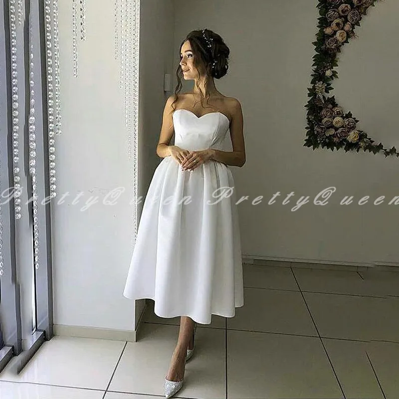 Cheap Tea Length Wedding Dress 2020 White Satin A Line Bohemia Beach Dresses Sweetheart Neck Bridal Gown Vestido De Noiva